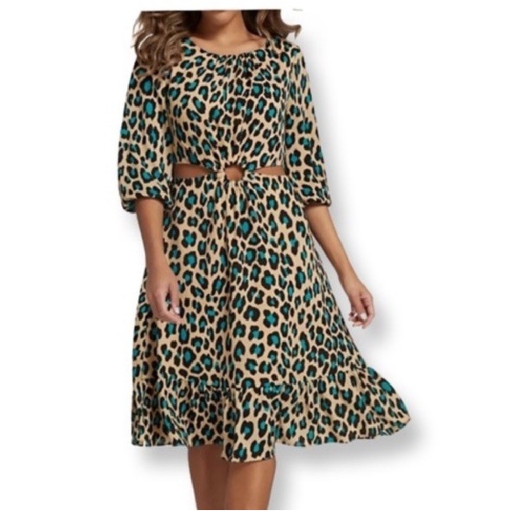 New York And Company NYCO Beige Turquiose Animal Print Dress Size Xl